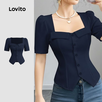 Lovito Áo Kiểu Thanh Lịch Cài Cúc Màu Xanh Dương Thích Hợp Cho Mùa Xuân Hè Dành Cho Nữ LK3ED619