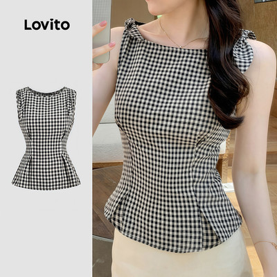 Áo nữ Lovito trắng đen xuân hè xếp ly buộc phía trước thanh lịch L178ED1485