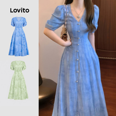 Đầm nữ Lovito thanh lịch xanh dương xuân hè nút phong cách L158AD190