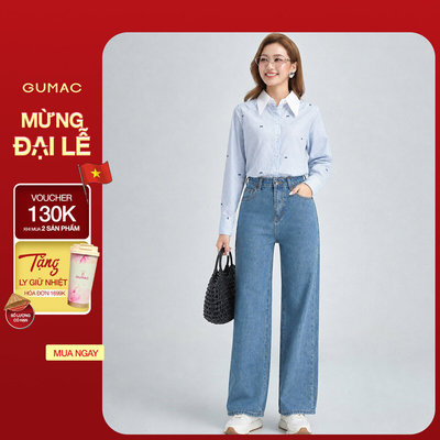Quần Jeans Nữ Dáng Suông Vừa GUMAC Màu Xanh Đậm Tôn Dáng Chất Jeans Mềm Đứng Form LQJE1109