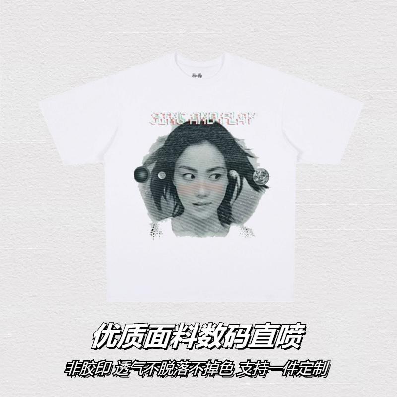 Faye Wang Faye Mỹ Y2K Retro Chân Dung In Tay Ngắn Nam Nữ Mùa Hè Hợp Thời Trang Buổi Hòa Nhạc Cổ Vũ Q