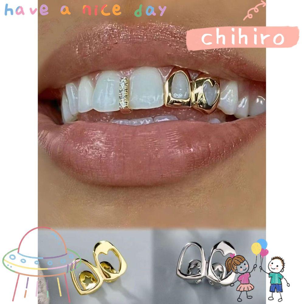 CHIHIRO Hip Hop Răng Grillz, Đồng Rỗng Trái Tim Grillz, Đôi Trái Tim Màu Vàng Sáng Bóng Răng Mũ Nữ