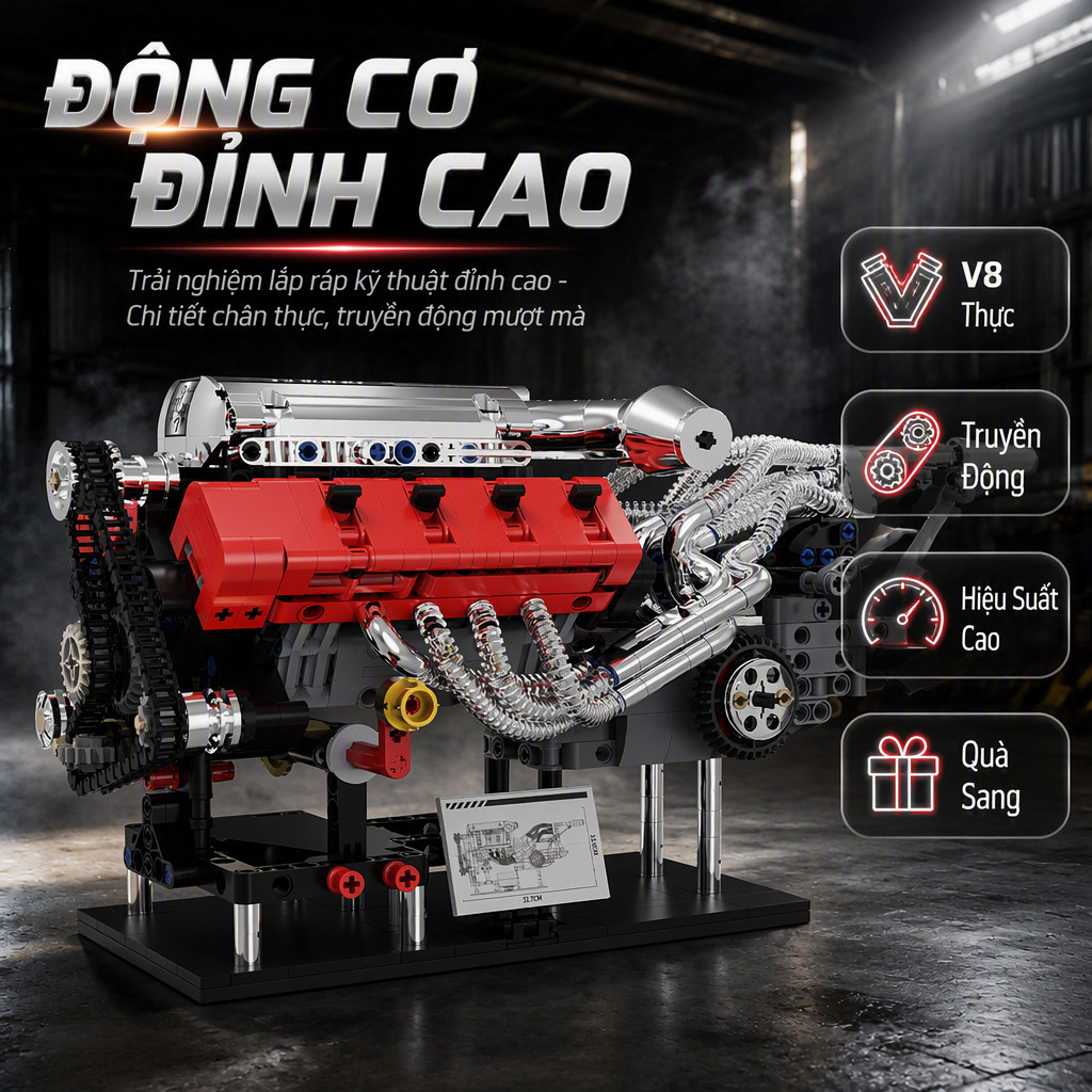 Mô hình động cơ V8 lắp ráp mô phỏng xe Dodge Challenger tương thích Lego 951 chi tiết thiết kế nắp x