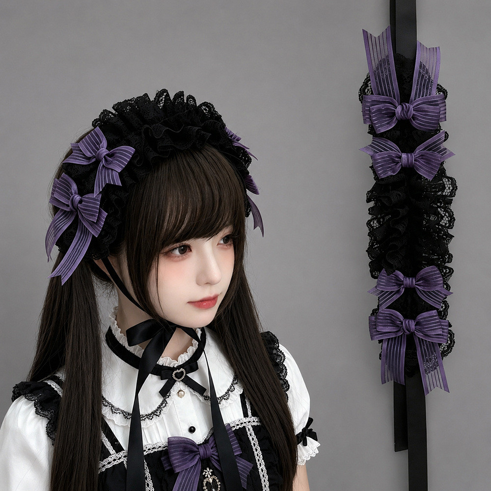 2026 Nguyên Bản Đen Tím Sọc Nơ Phụ Kiện Tóc lolita Dây Buộc Tóc Tay Làm Lolita Trà Phụ Kiện Tiệc