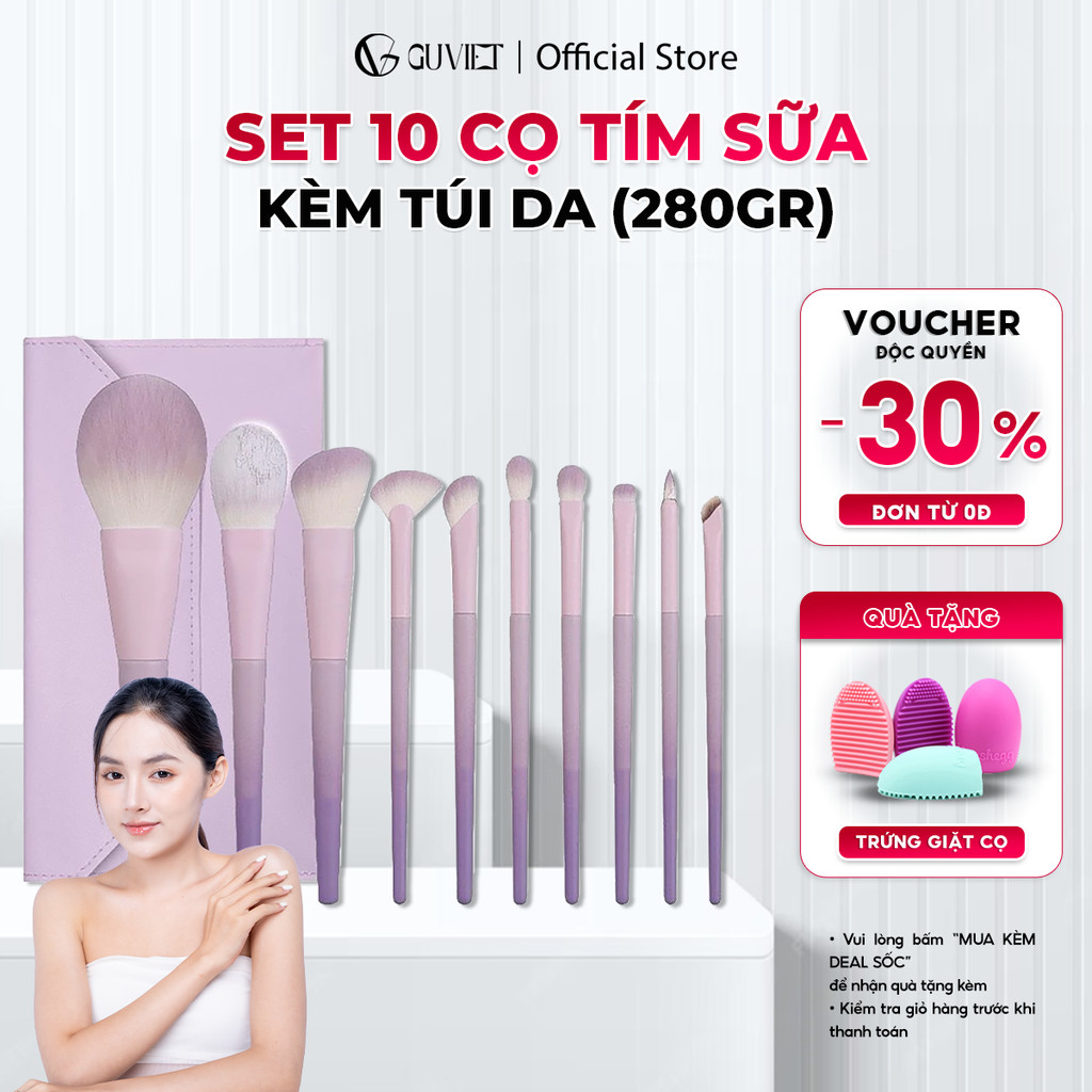 Bộ cọ trang điểm cá nhân GUVIET màu tím sữa gồm 10 cọ đi kèm túi da đựng cọ