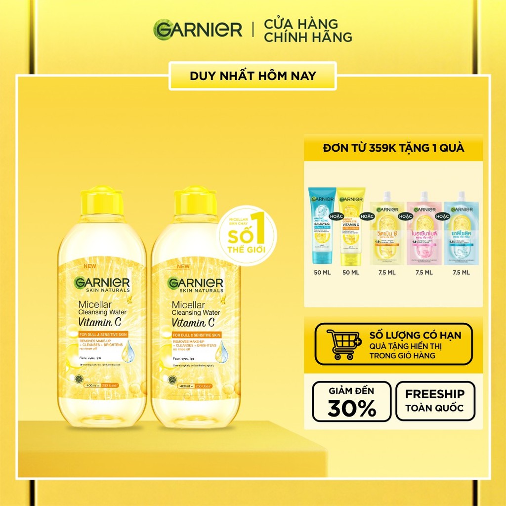 Bộ 2 nước làm sạch và tẩy trang dưỡng sáng da Garnier Micellar Water Vitamin C 400ml x 2