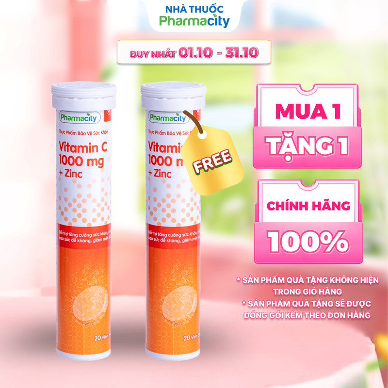 Viên sủi Pharmacity Vitamin C 1000mg + Zinc hỗ trợ tăng cường sức khỏe, nâng cao đề kháng (20 viên)