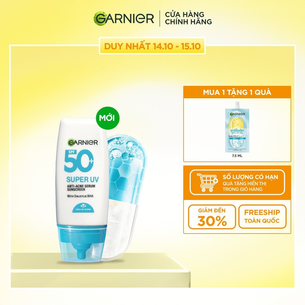 Kem Chống Nắng Garnier Phổ Rộng Kiềm Dầu Đến 12H & Hỗ Trợ Giảm Mụn Spf 50+PA++++ 30ML