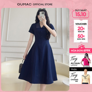 [NEW] Đầm nữ A xòe phối cổ sọc thiết kế thanh lịch chất liệu bố thái mềm mịn thời trang GUMAC LDF0612
