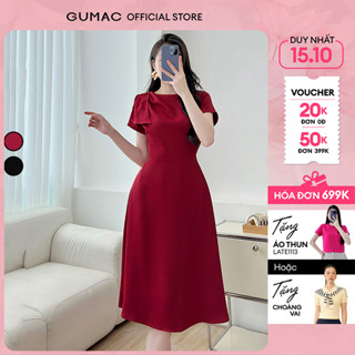 Đầm thiết kế dáng A xòe kiểu vai xếp ly đính nút sang trọng thanh lịch thời trang GUMAC LDE1108
