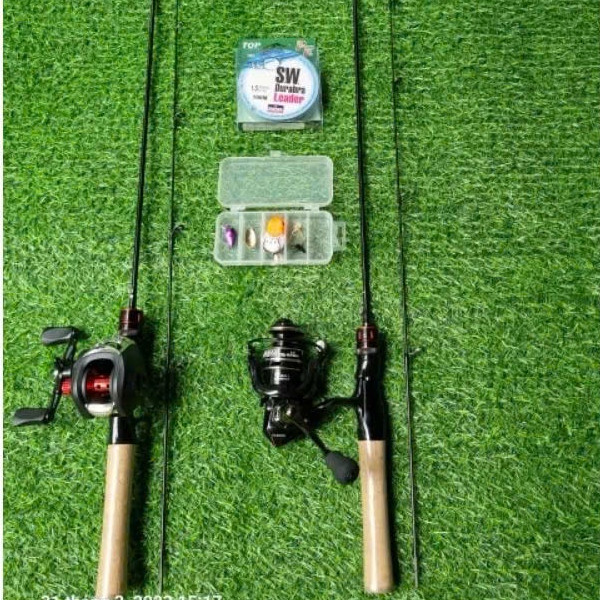 ComBo Cần Câu Cá ul Cán Gỗ 1m68 1m8 1m98 máy ngang tay phải và trái và máy đứng ac2000 kèm phụ kiện