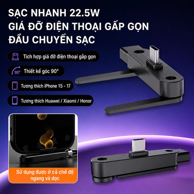 Bộ Chuyển Đổi Kiêm Giá Đỡ Type-C 22.5W Gập Gọn 90 Độ Đầu Chuyển USB-C Sạc Nhanh Chơi Game Tiện Lợi