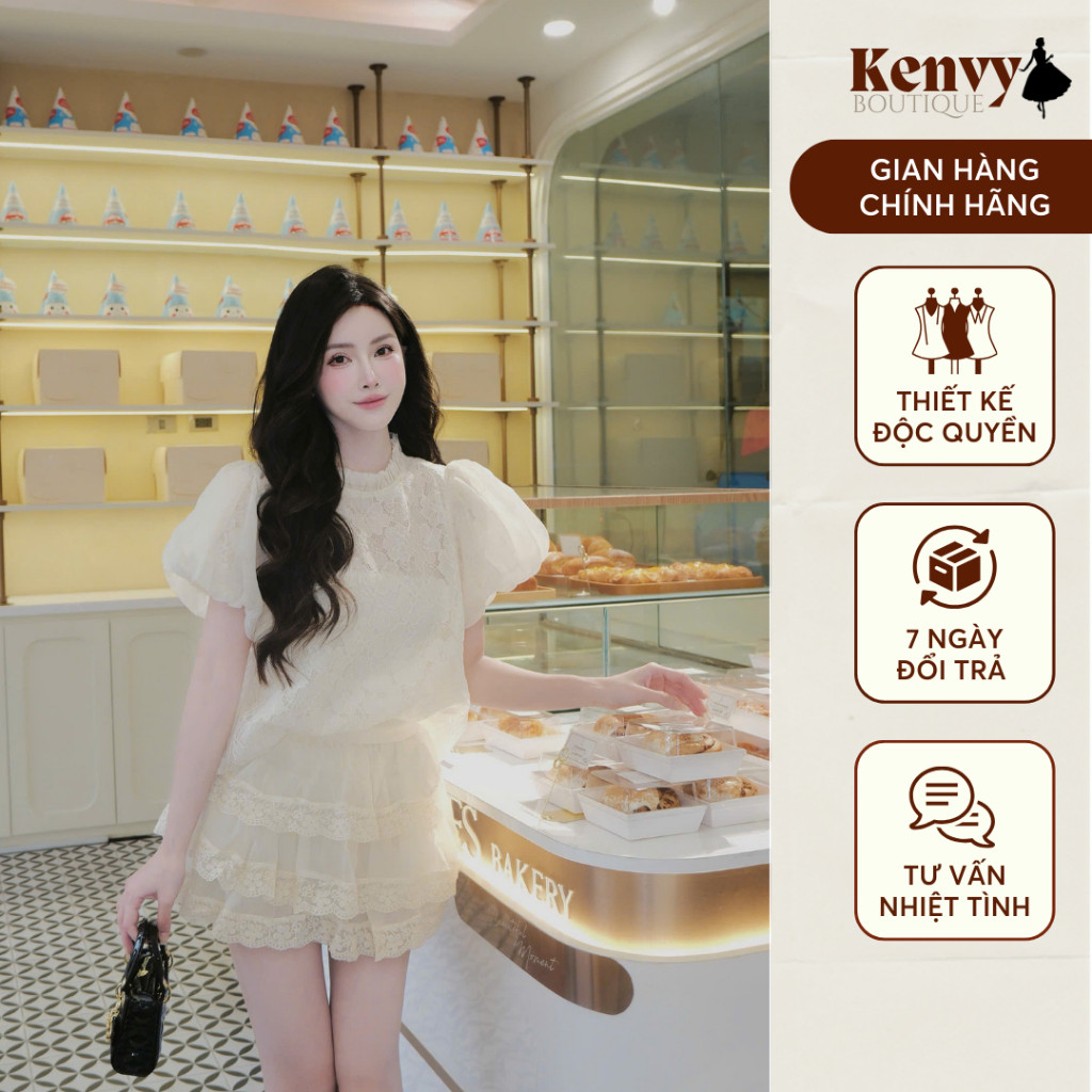 Set 2 món áo tay bồng cổ ren tơ phối chân váy ren tầng bèo tiểu thư,N286 sang chảnh KENVY STORE