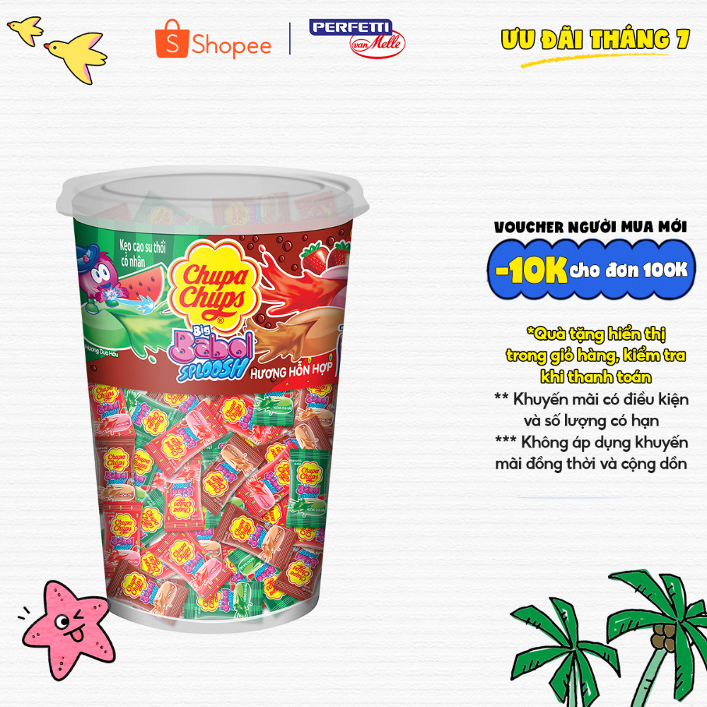 Kẹo cao su gum thổi có nhân Chupa Chups Big Babol Sploosh (Hũ 74 viên) hương dưa hấu, dâu, cola