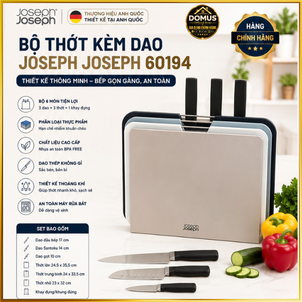 Bộ Thớt Kèm Dao Joseph Joseph 60194 Chính Hãng 6 Món BPA Free Giá Đỡ Kháng Khuẩn Cao Cấp