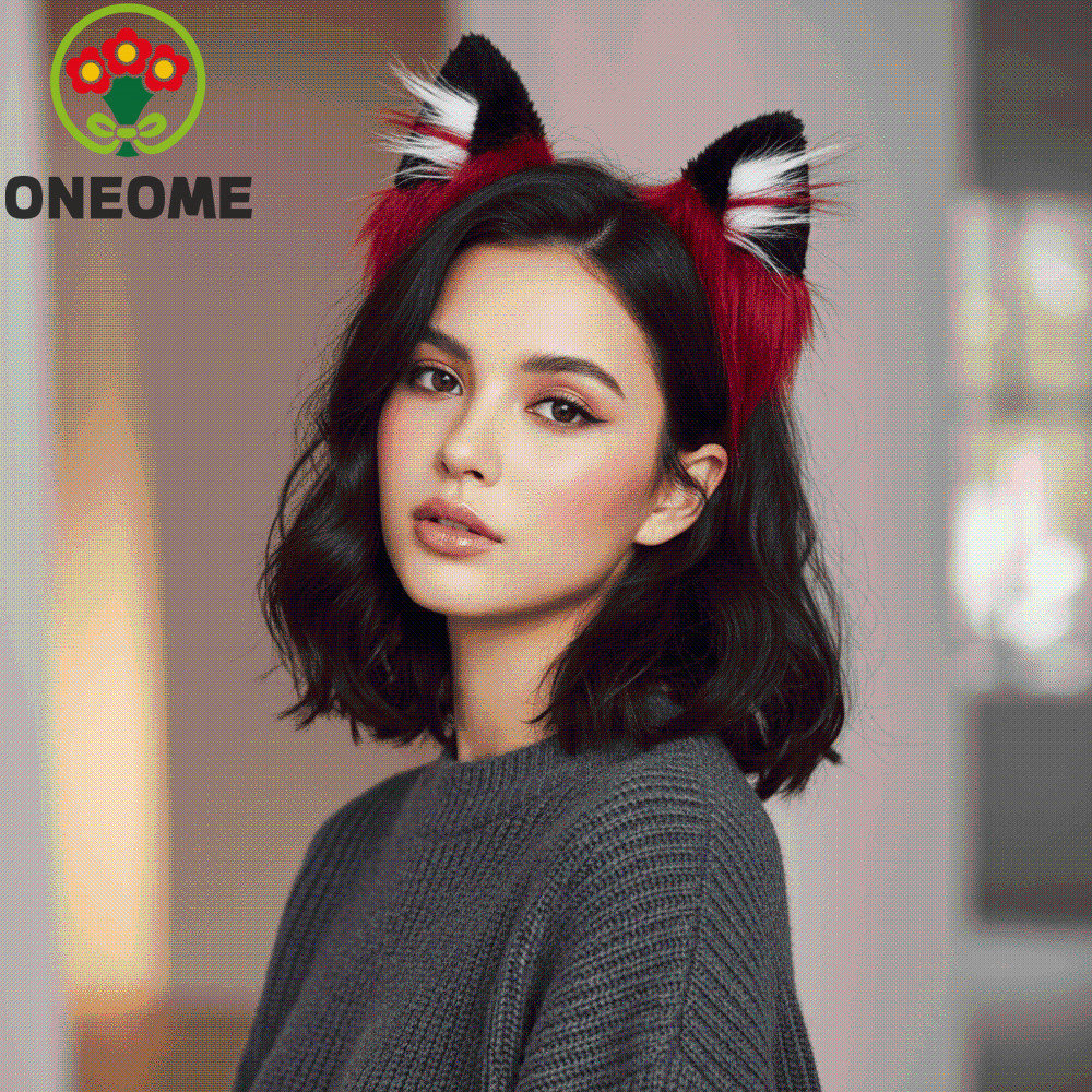 ONEOME Wolf Ears Headband, Đỏ Đen Mềm Mại Sang Trọng Mũ Lông Thú Giả, Trang Phục Phụ Kiện Tóc Nhẹ Ch