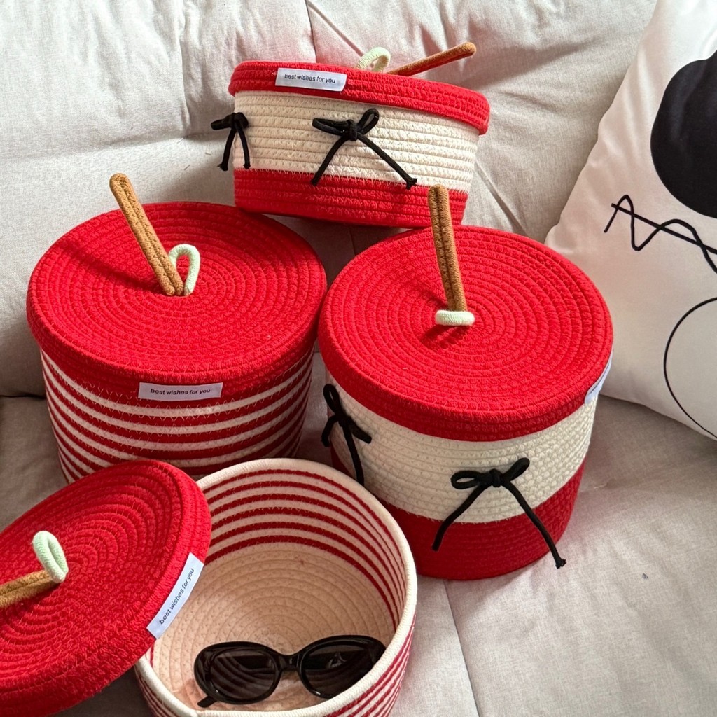 Preferred#2025New Apple Basket Storage Bin, Cotton Rope Woven Storage Bucket, Cartoon Cosmetic Snack