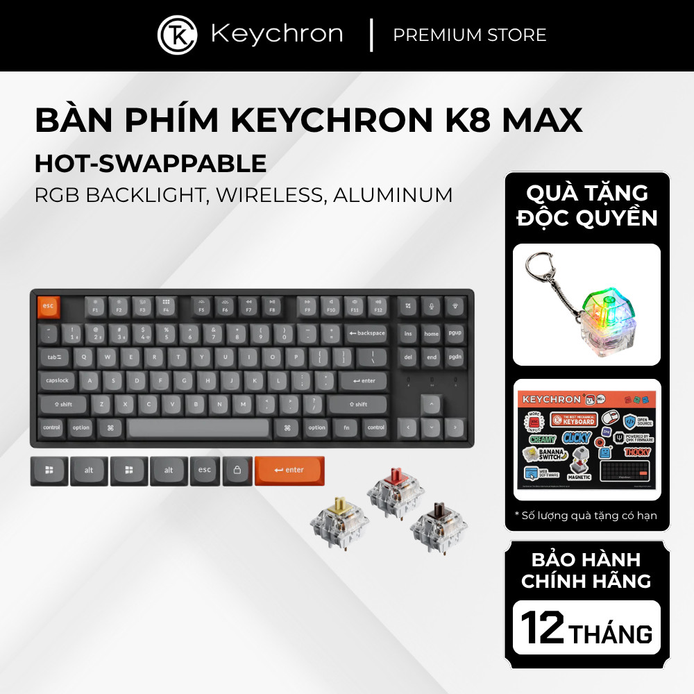 Bàn Phím Cơ Keychron K8 Max RGB Wireless Hotswap Khung Nhôm Bluetooth 2.4G QMK TKL