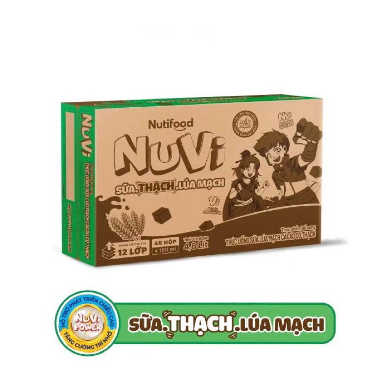 Thùng 48 Hộp NuVi Sữa Lúa Mạch Thạch Cacao/ Đường Đen/ Cam/ Nho Thạch 100ml