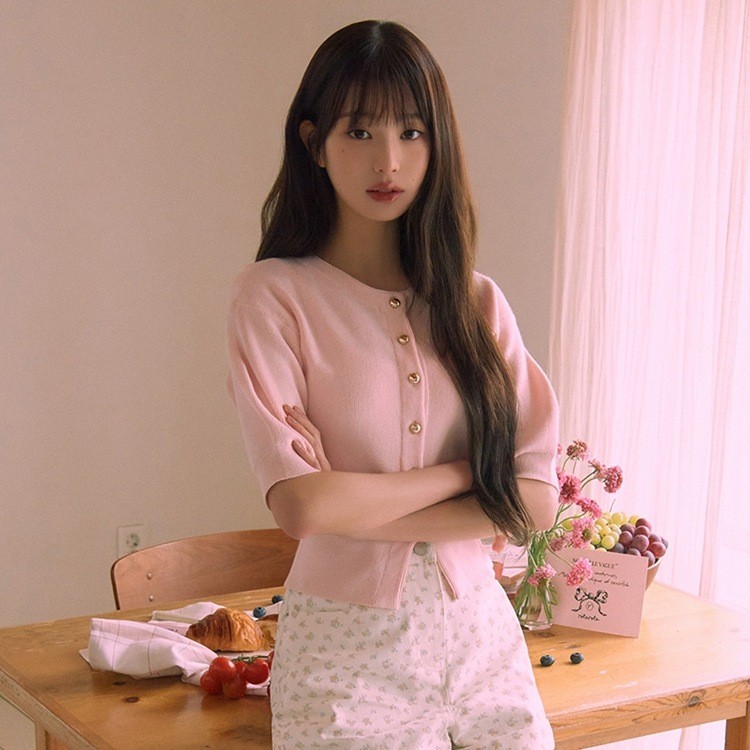 rolarola Jang Won-young's same style Korean energetic girl sweet versatile short-sleeve knitted card
