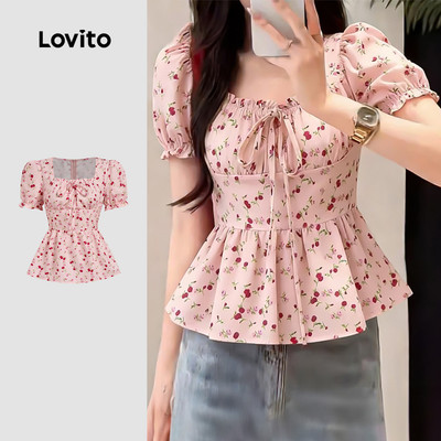 Áo Lovito dễ thương nơ lai bèo xếp nếp mùa xuân/hè màu hồng cho nữ L183AD174