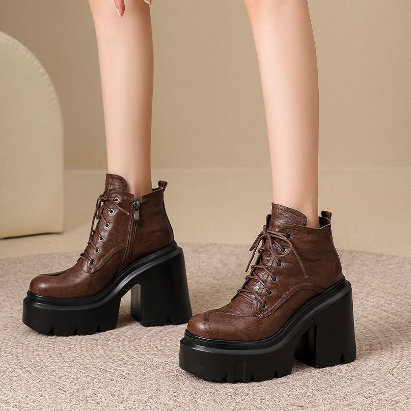 Soft Leather Platform Block Heel Ankle Boots 12cm Lace-up Retro Boots