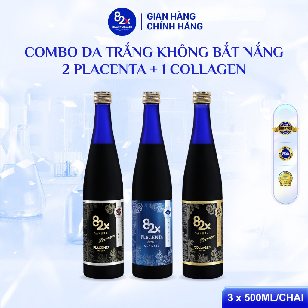 Combo 3 Chai Nước Uống 82X Gồm Classic Placenta + Sakura Placenta + Sakura Collagen 500ml/Chai