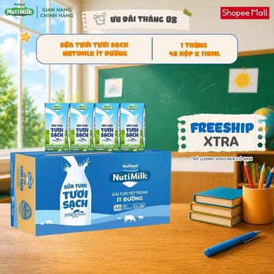 Thùng 48 Hộp Sữa Tươi Tươi Sạch NutiMilk 110ml/hộp Ít Đường