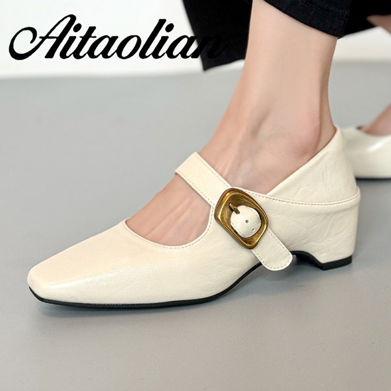 Giày Mary Jane da thật 5cm gót nữ mũi vuông, phong cách Anh, size 34-40, màu đen