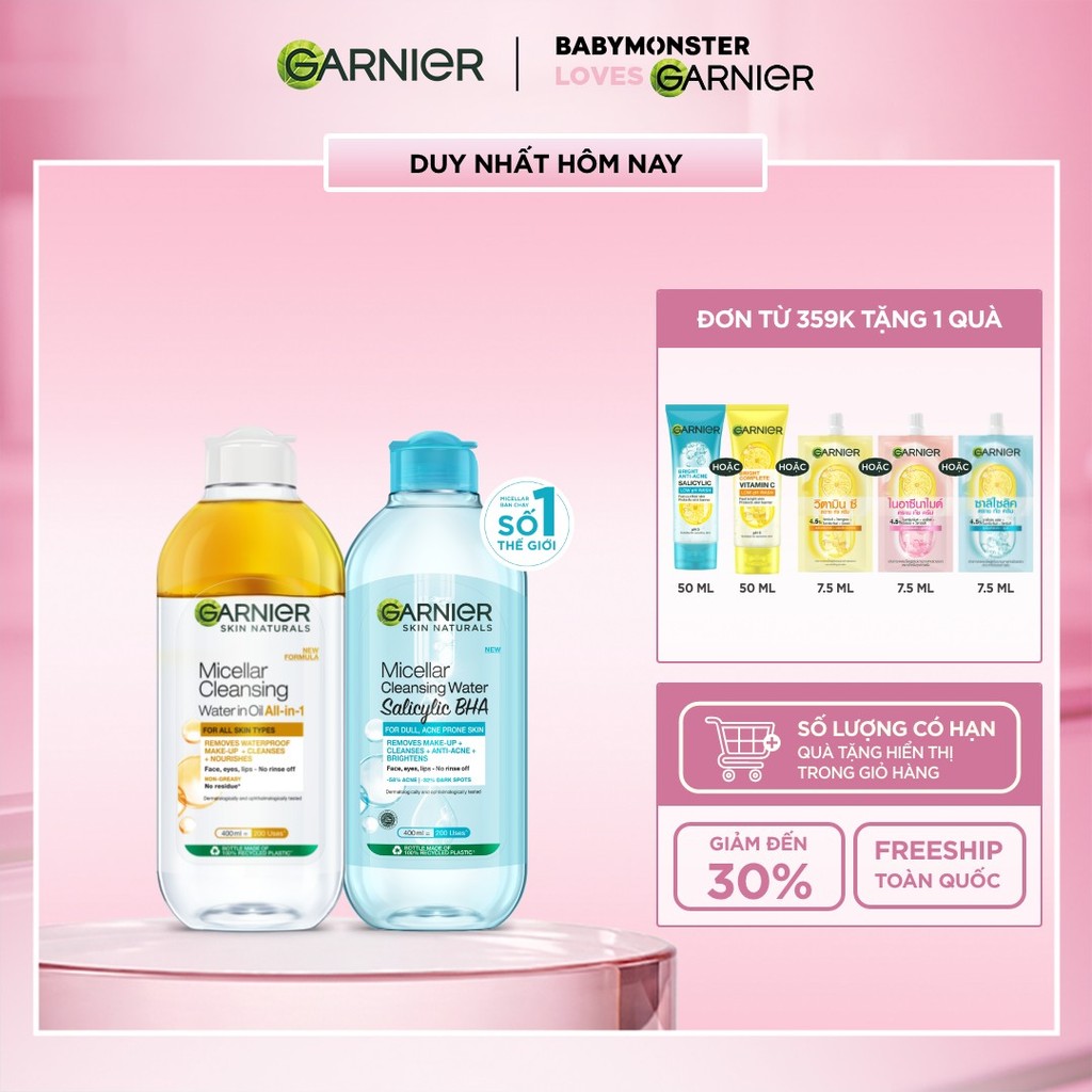 Bộ 2 Nước tẩy trang dành cho da dầu mụn & trang điểm Garnier Micellar Water (400mlX2)