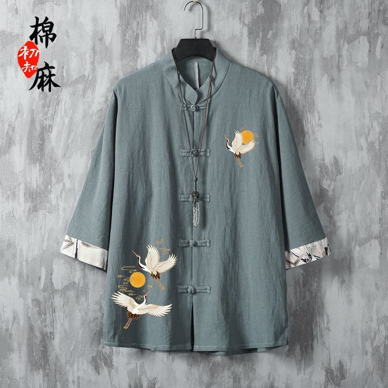 Áo Sơ Mi Cotton Tay Ngắn Mùa Hè Trung Quốc Mới Phong Cách Trung Quốc Áo Sơ Mi Nửa Tay In Hình Quần Á