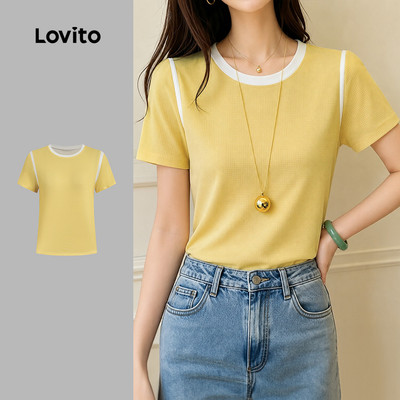 (New Arrival) Lovito Áo thun nữ màu vàng mùa xuân/hè cổ tròn vải tương phản LK7ED862