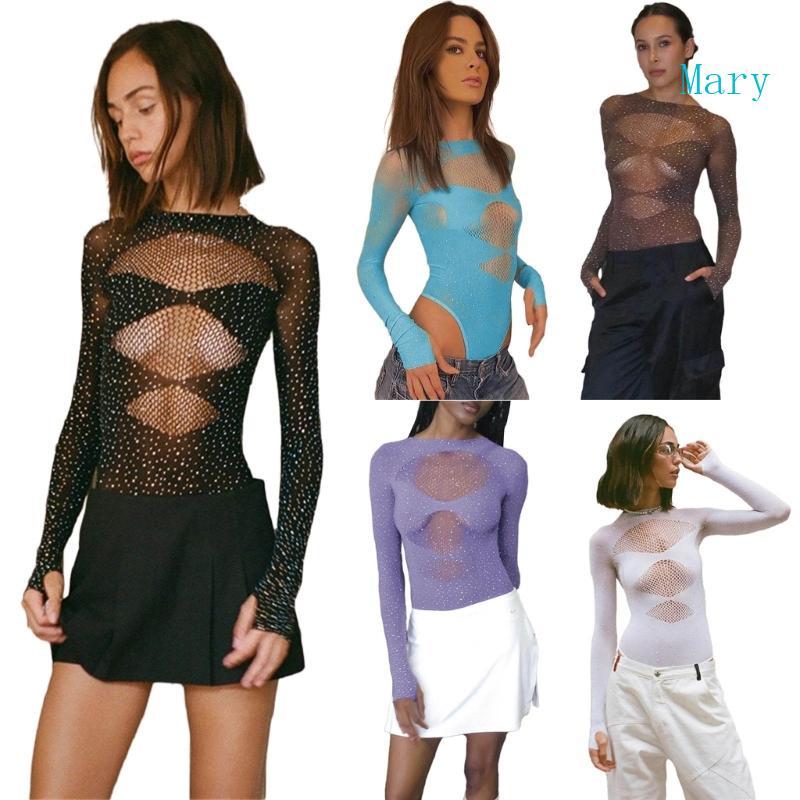 Mary Elegant Bodysuit Nữ Tay Dài Cổ Tròn Cắt Áo liền quần Mặc Dự Tiệc