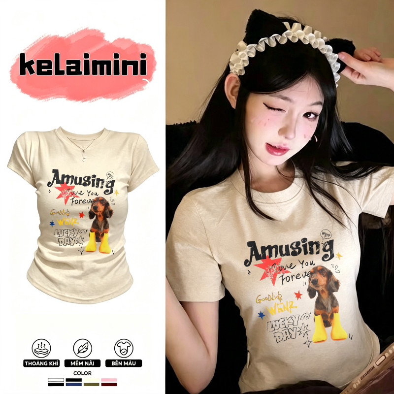 COD✅(Hồ Chí Minh) Áo baby tee nữ in chó lạp xưởng phối chữ sao Y2K dáng ôm vải mềm thoáng mát