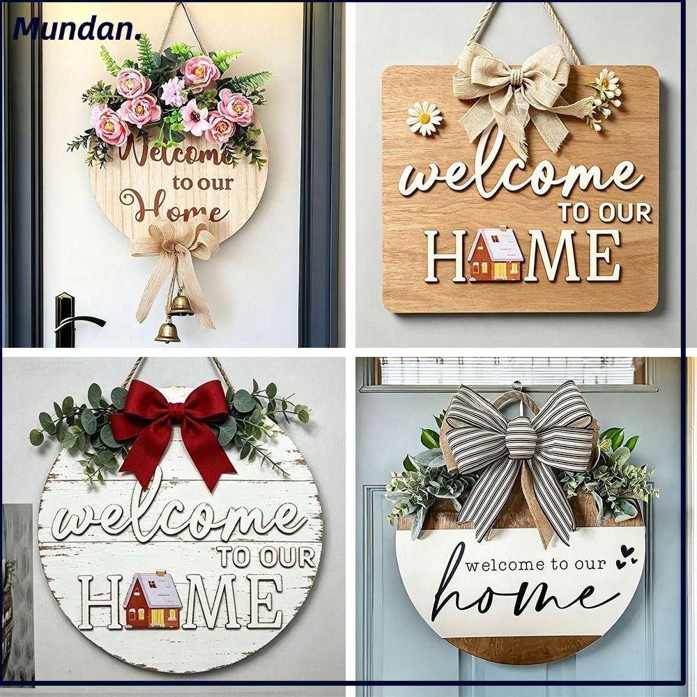 Biển hiệu cửa gỗ MUNDAN, Hoa văn hoa 2D Biển hiệu chào mừng bằng gỗ phẳng, Hoa văn nơ gỗ nguyên khối