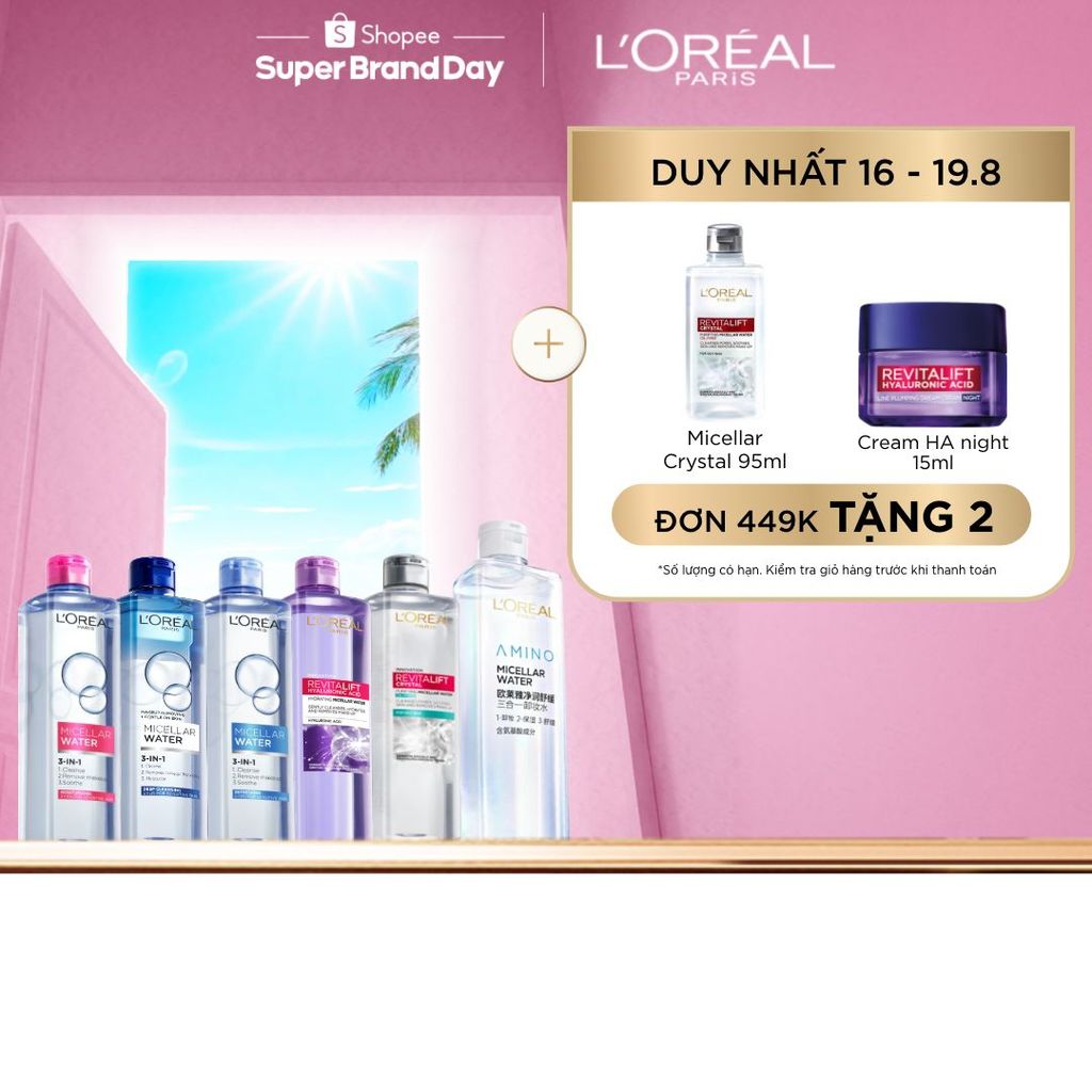 [AMINO MICELLAR MỚI] Nước tẩy trang làm sạch sâu, loại bỏ bụi bẩn & trang điểm 3-in-1 L'Oreal Paris 