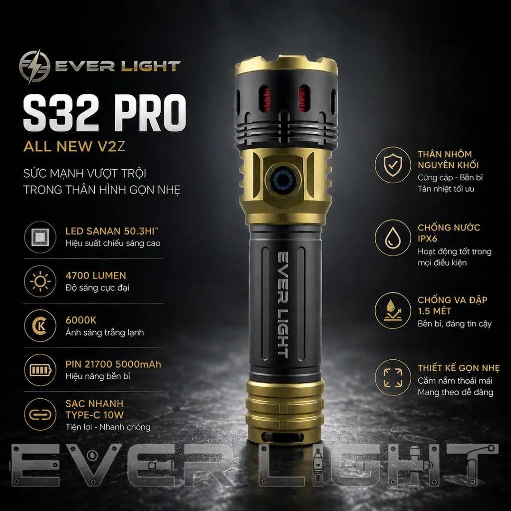 Đèn pin cầm tay siêu sáng 4800lumen EVER LIGHT S32 PRO V2Z LED