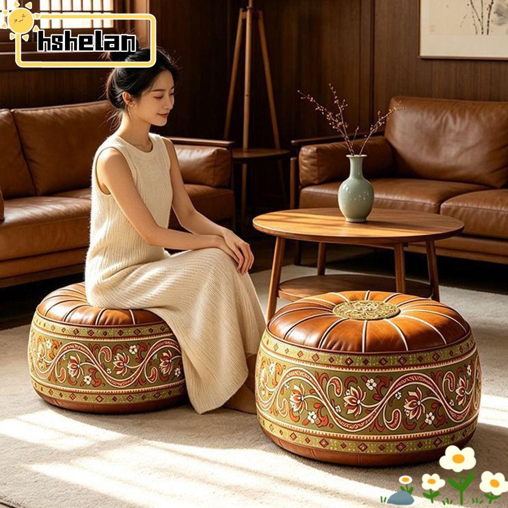 HSHELPH Fillable Ottoman Pouf, Da PU Thêu Họa Tiết Lưu Trữ Ottoman, Phong Cách Ma-rốc Hình Tròn Tròn