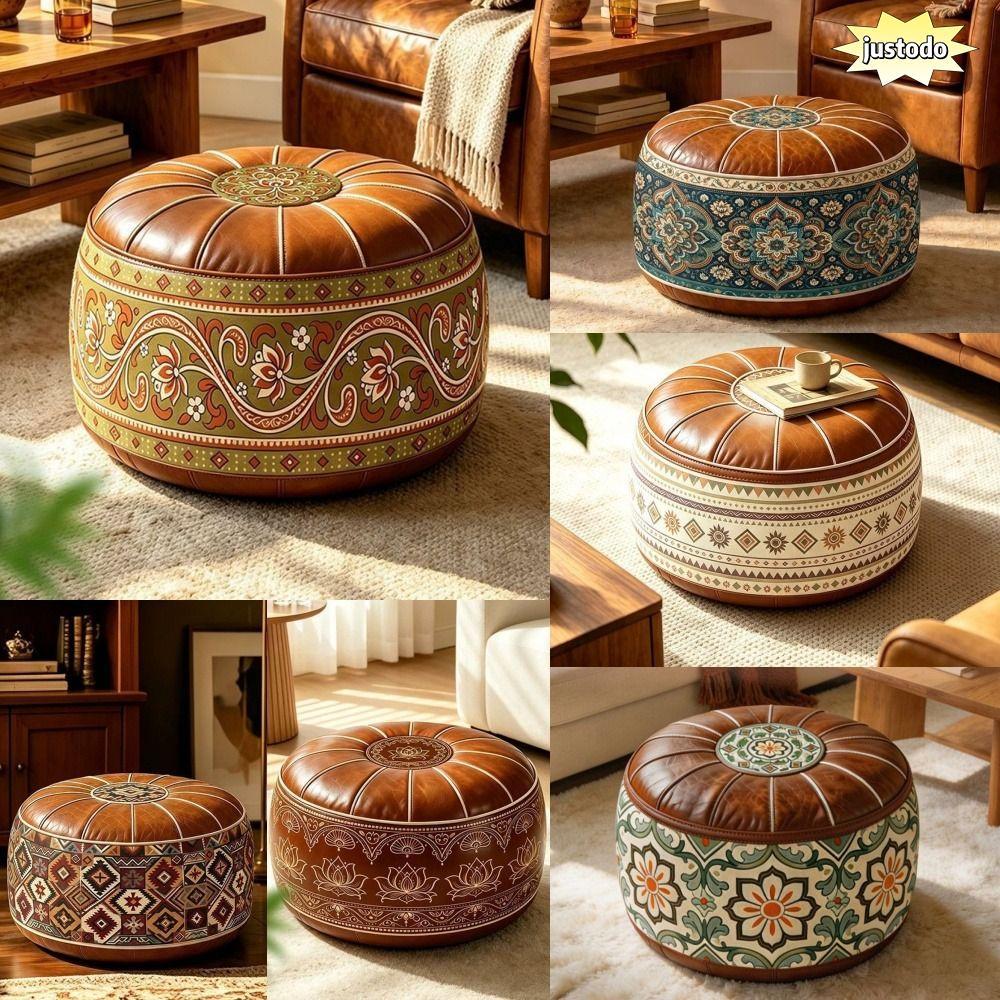 JUSTO Fillable Ottoman Pouf, Thêu Họa Tiết Da PU Bảo Quản Ottoman, Phong Cách Ma-rốc Hình Tròn Tròn 