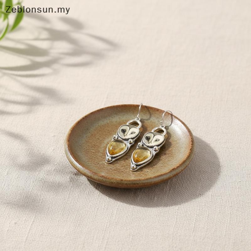 Zeblonsun Retro Bạc Barn Owl Tòn Ten Bông Tai Màu Vàng Tự Nhiên Citrine Inlay Mặc Hàng Ngày Đảng Dàn