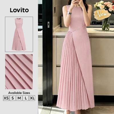 (New Arrival) Lovito Váy nữ màu hồng thanh lịch váy xếp ly mùa Xuân/Hè DRK8P1D819