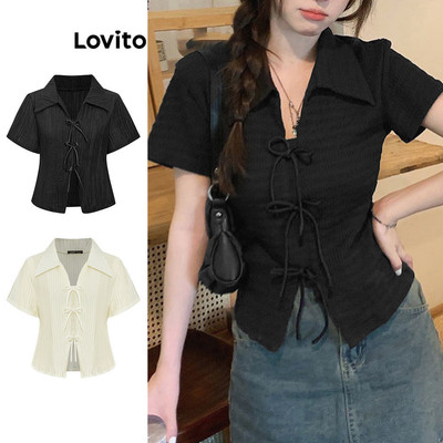 Lovito Phong cách thường ngày Áo thun dễ thương nơ Jacquard trơn mùa hè cho nữ L87ED028 (Nhiều màu)