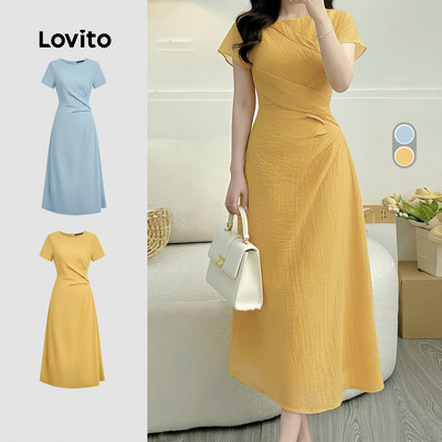 Lovito thanh lịch Váy Xếp Ly Xuân/Hè màu vàng cho Nữ LK4ED483