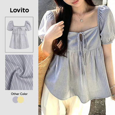 (New Arrival) Lovito Áo sơ mi nữ màu xanh dương đơn giản phong cách thường ngày cho mùa xuân/hè L197AD1044