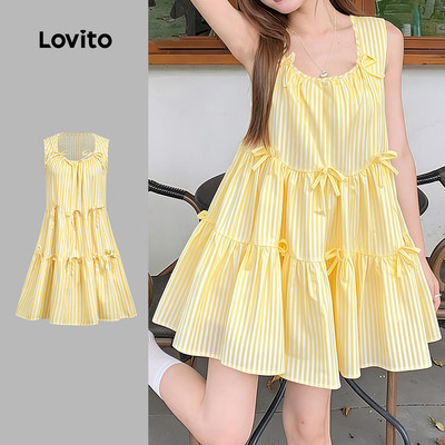 Đầm Lovito phong cách thường ngày phối nơ trước lai bèo xếp nếp mùa xuân/hè màu vàng nhạt cho nữ L184ED969