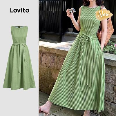 (New Arrival) Lovito Đầm nữ phong cách Preppy thanh lịch xếp nếp màu xanh lá mùa Xuân/Hè L198ED3244