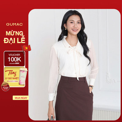 Áo sơ mi nữ GUMAC tay dài phối dây nơ cổ nữ GUMAC tính vải voan xốp 2 lớp công sở  AF04016