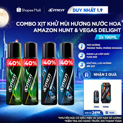 [Tăng 40% dung tích] Combo 2 Xịt Khử Mùi XMen 196ml Amazon Hunt/Vegas Delight - Hương Nước Hoa Phong Trần