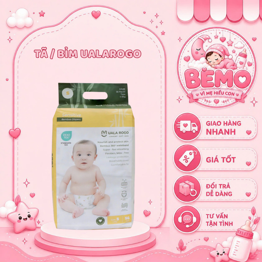 [RẺ VÔ ĐỊCH] Tã / Bỉm Uala Rogo Sensitive Bamboo Đủ Size - Bỉm Mát, Mềm Mại, Thấm Hút Nhanh