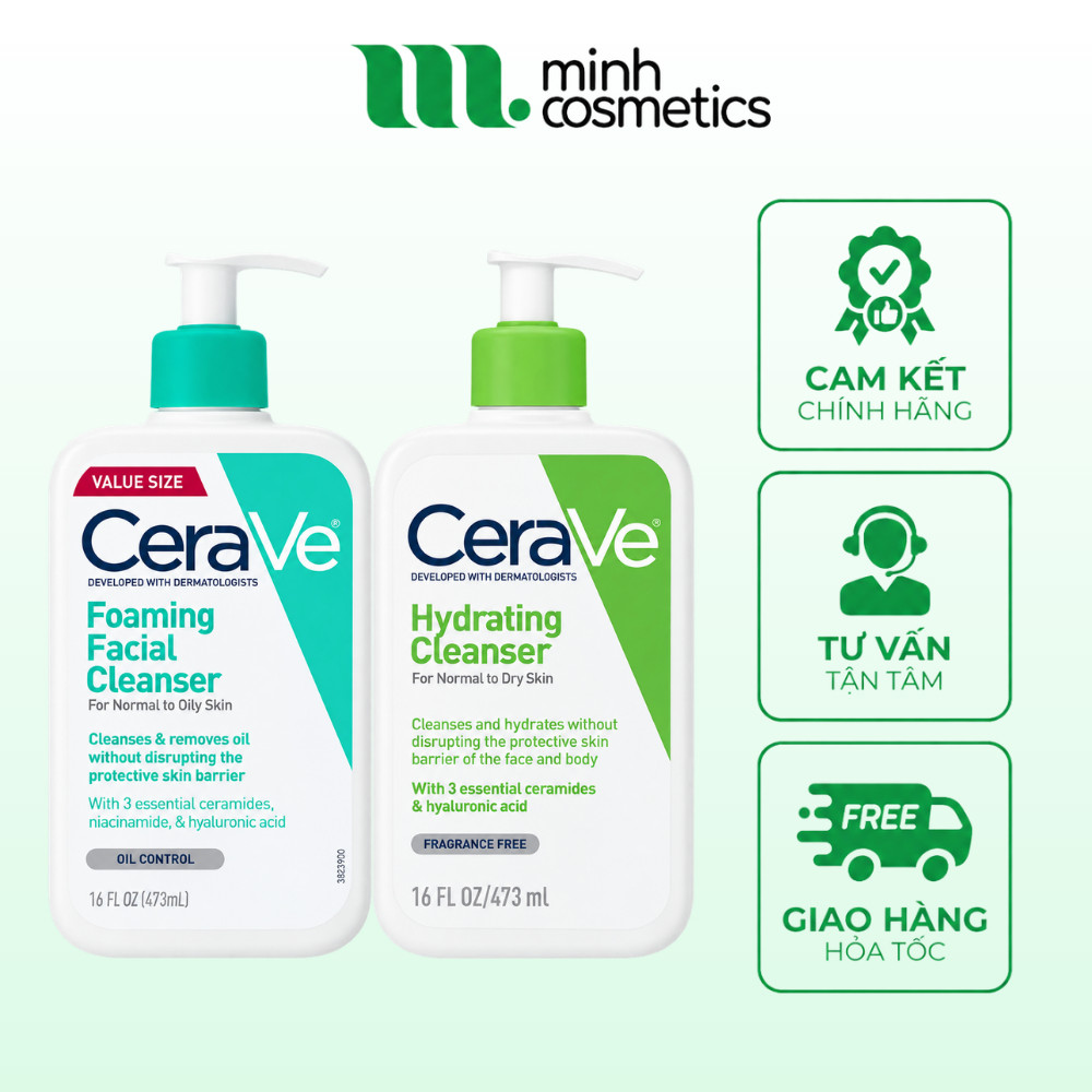 Sữa Rửa Mặt Cerave Foaming For Normal to Oily Skin/Hydrating For Normal to Dry Skin 473mL/236mL/88mL